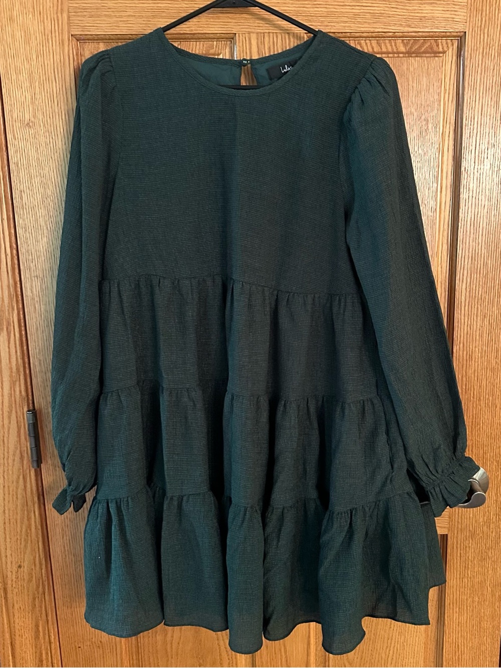 Lulu’s Adorable Days Hunter Green Tiered Long Sleeve Babydoll Dress. Size medium
